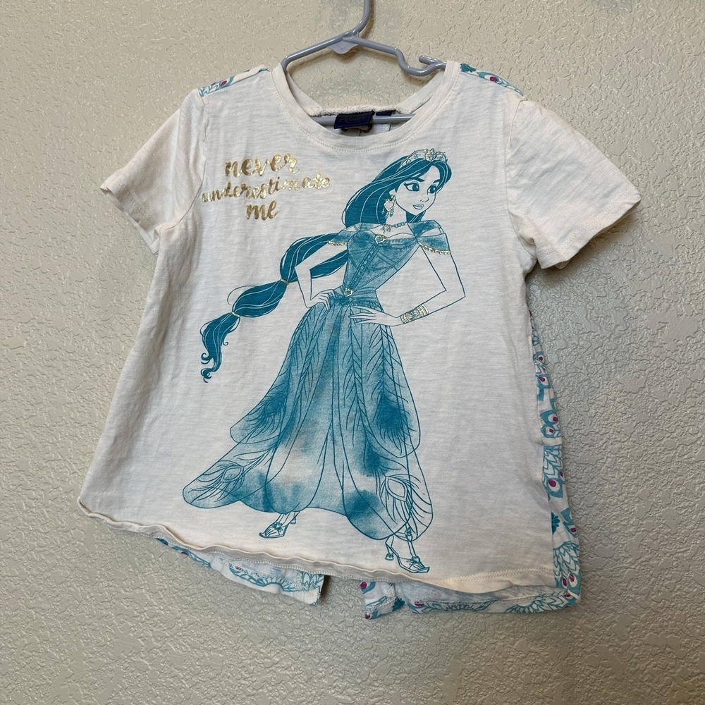 Girls' Disney Princess Jasmine Short Sleeve Split Back Peacock Print T-Shirt Med